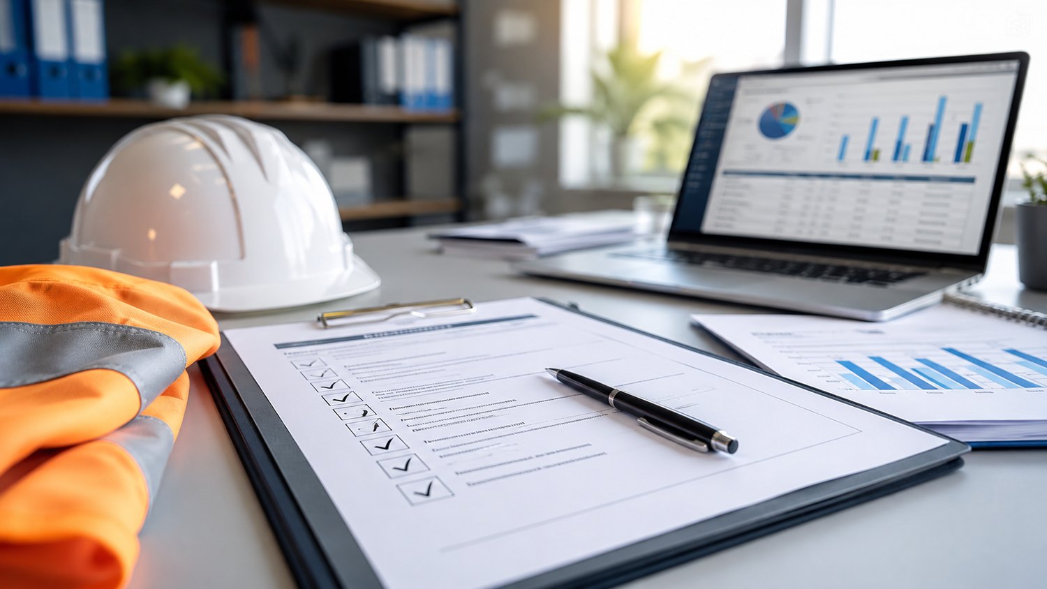 Planejamento de NR-1 com checklist, documentos, capacete e notebook